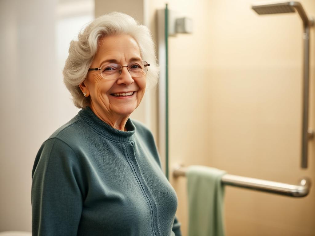 Femme senior souriante dans sa nouvelle salle de bain adaptée