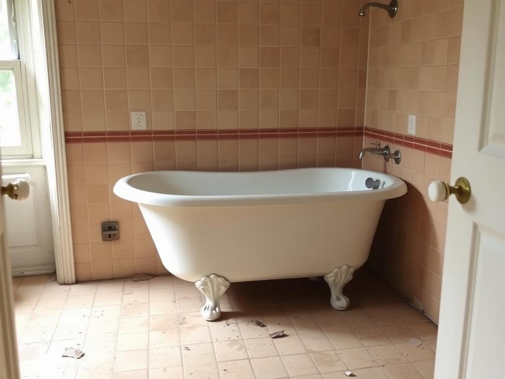 Ancienne salle de bain avec baignoire haute difficile à enjamber