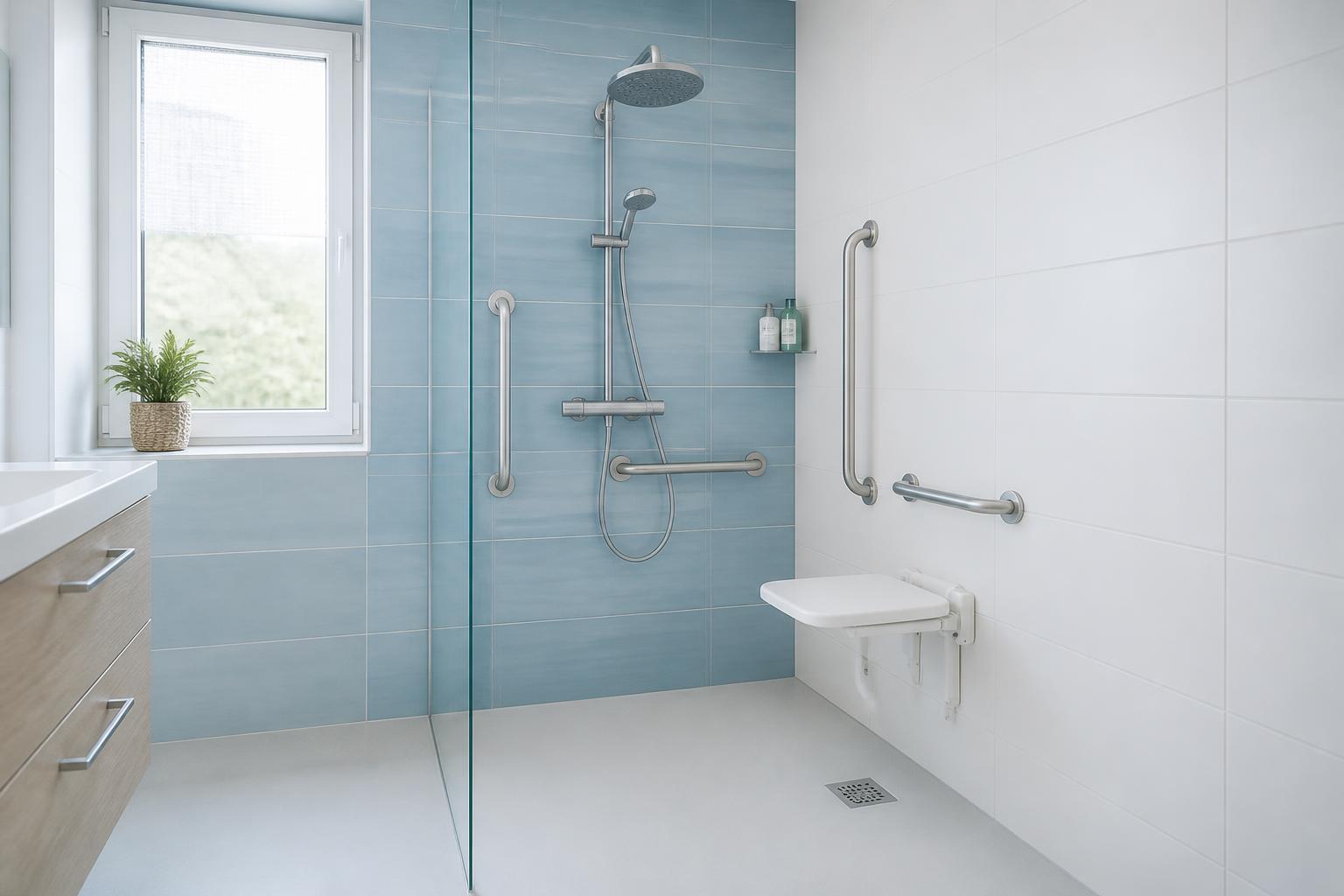 Douche italienne moderne avec barres d'appui, siège rabattable et receveur extra-plat antidérapant